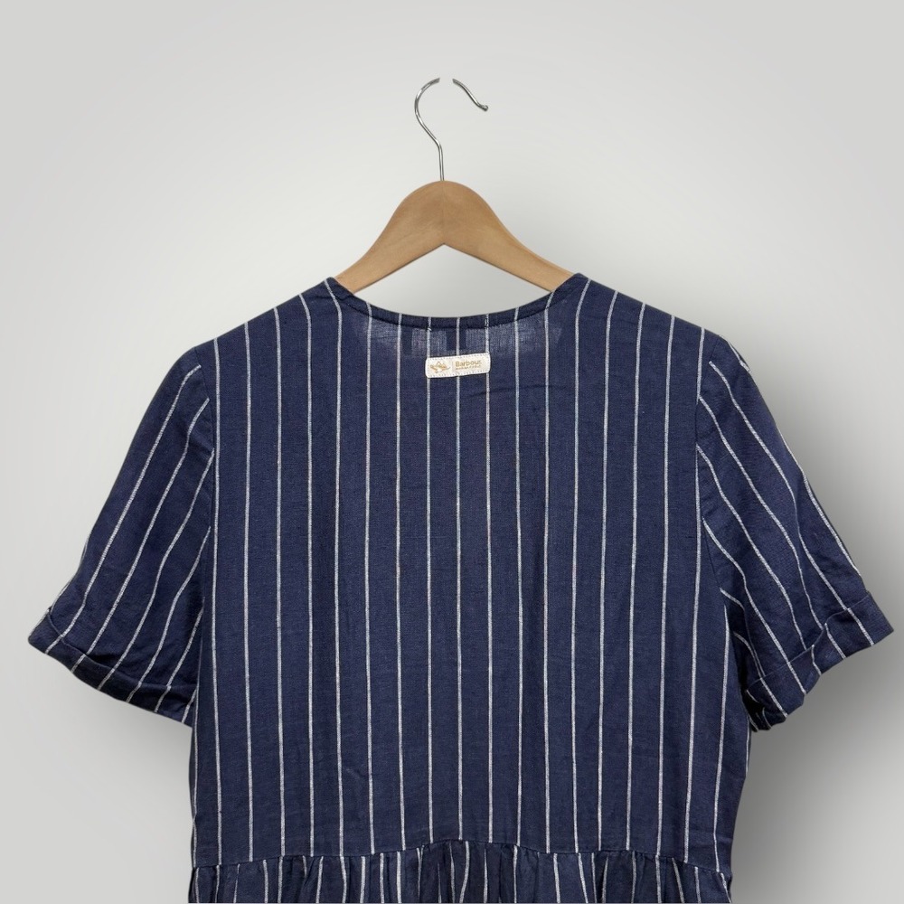 Barbour Marina Fogle Wickham Dress Navy Blue Pinstripe 100% Linen Midi Womens 4 - Picture 6 of 9